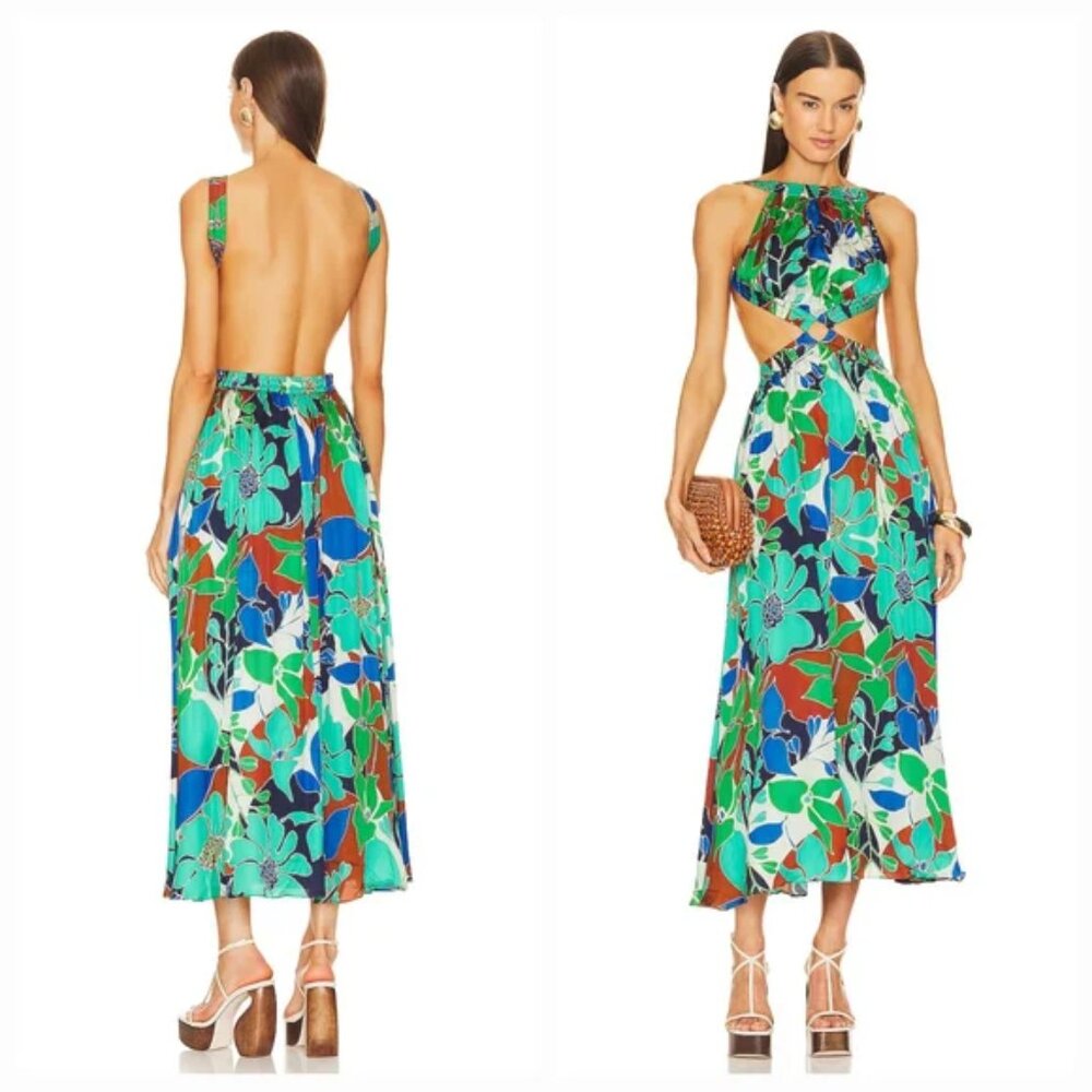 CULT GAIA Theia Cutout Printed Satin Backless Midi Dress NWT, S - Picture 3 of 7
